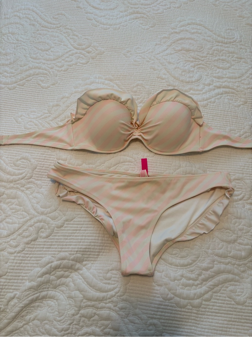 Vintage Victoria's Secret Pale Pink and Cream Striped Strapless Bikini
